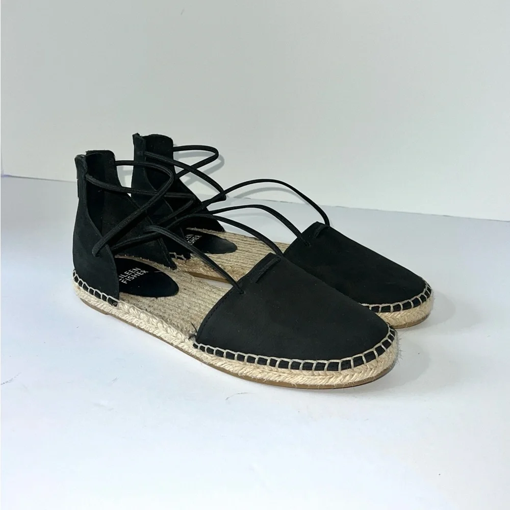 Eileen Fisher Sandal‎ Elastic Lace Up Espadrille Women Shoe Black Leather Sz 6